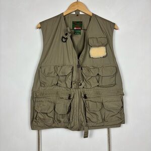 Vintage Garcia Fishing Vest One Size Beige Utility Fly Pockets Full Zip